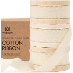 Vitalizart White Cotton Ribbon Handmade Fringe 5/8" x 21 Yd Cream Pure Natural Cotton Ribbons for Gift Wrapping Wedding Invites Bridal Shower Bouquets Holiday Decor