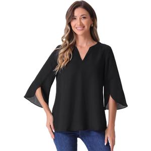 Allegra K Women's 3/4 Sleeve V Neck Chiffon Flowy Mesh Shirt Casual Loose Work Tunic Blouse Top (Black, S) Allegra K Women's 3/4 Sleeve V Neck Chiffon Flowy Mesh Shirt Casual Loose Work Tunic Blouse Top (Black, S)