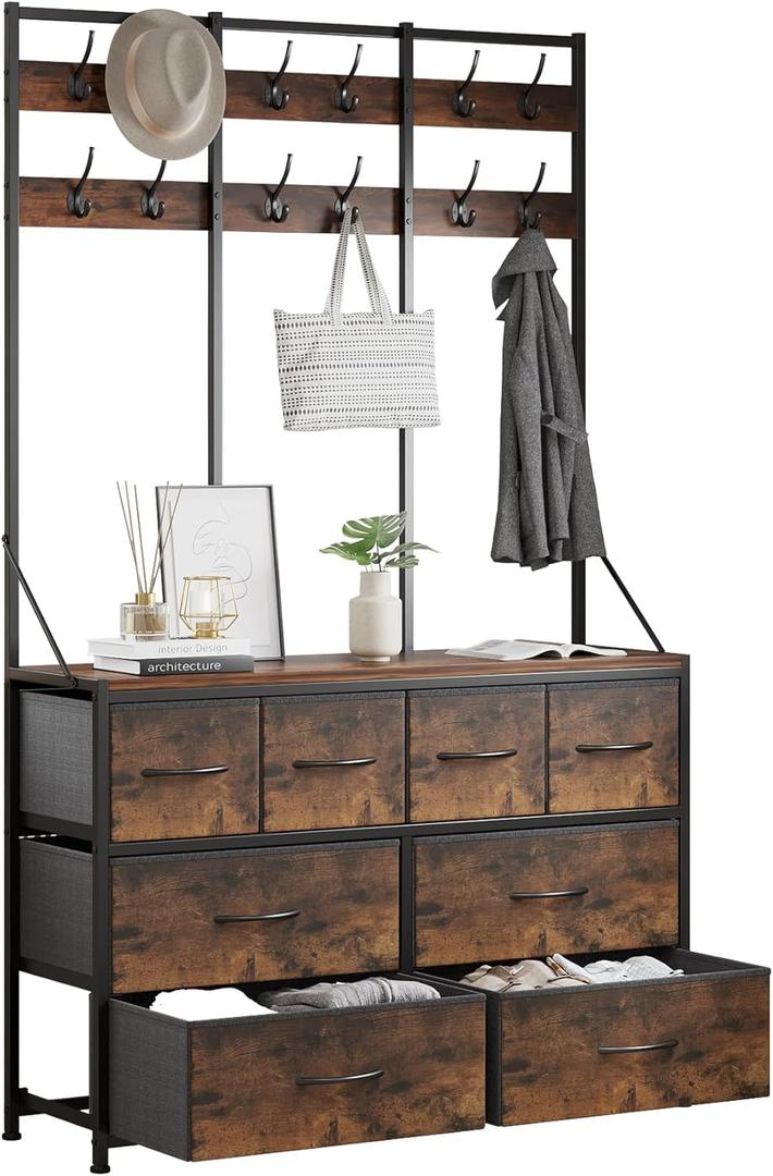 LUMTOK 8 Drawers Dresser, Chest of Drawer, Clothes Rack with Fabric Drawers, Hall Tree with Hooks and Drawers for Clothes, Toys, for Hallway, Entryway,Bedroom, Living Room(Rustic Brown)