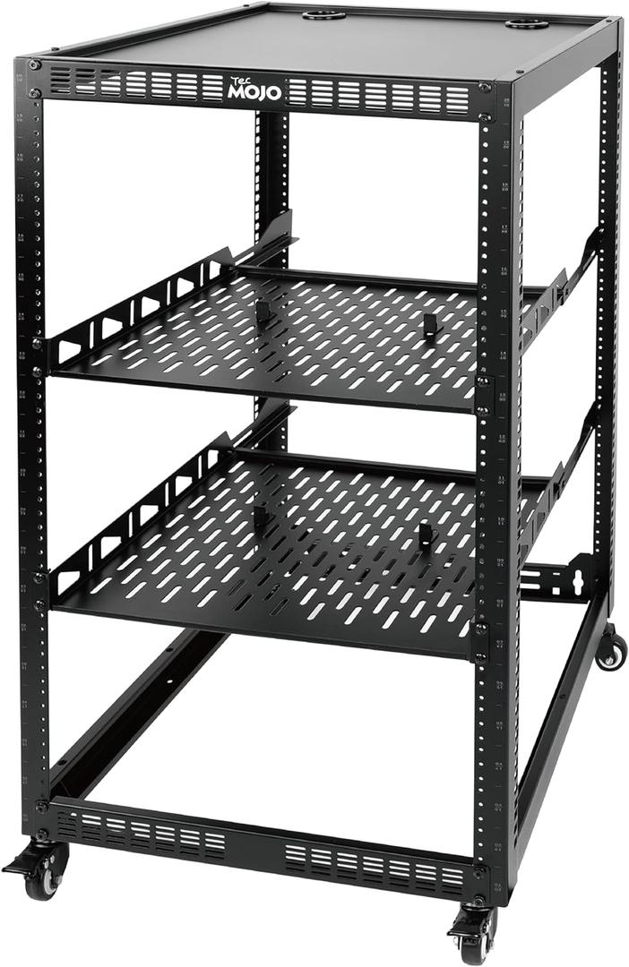 TECMOJO 20U Open Frame Network Rack for IT & AV Gear, 4-Post With Casters, Mobile With 2 PCS 1U Server Shelf & Mounting Hardware, for 19" Network, Audio and Video Device