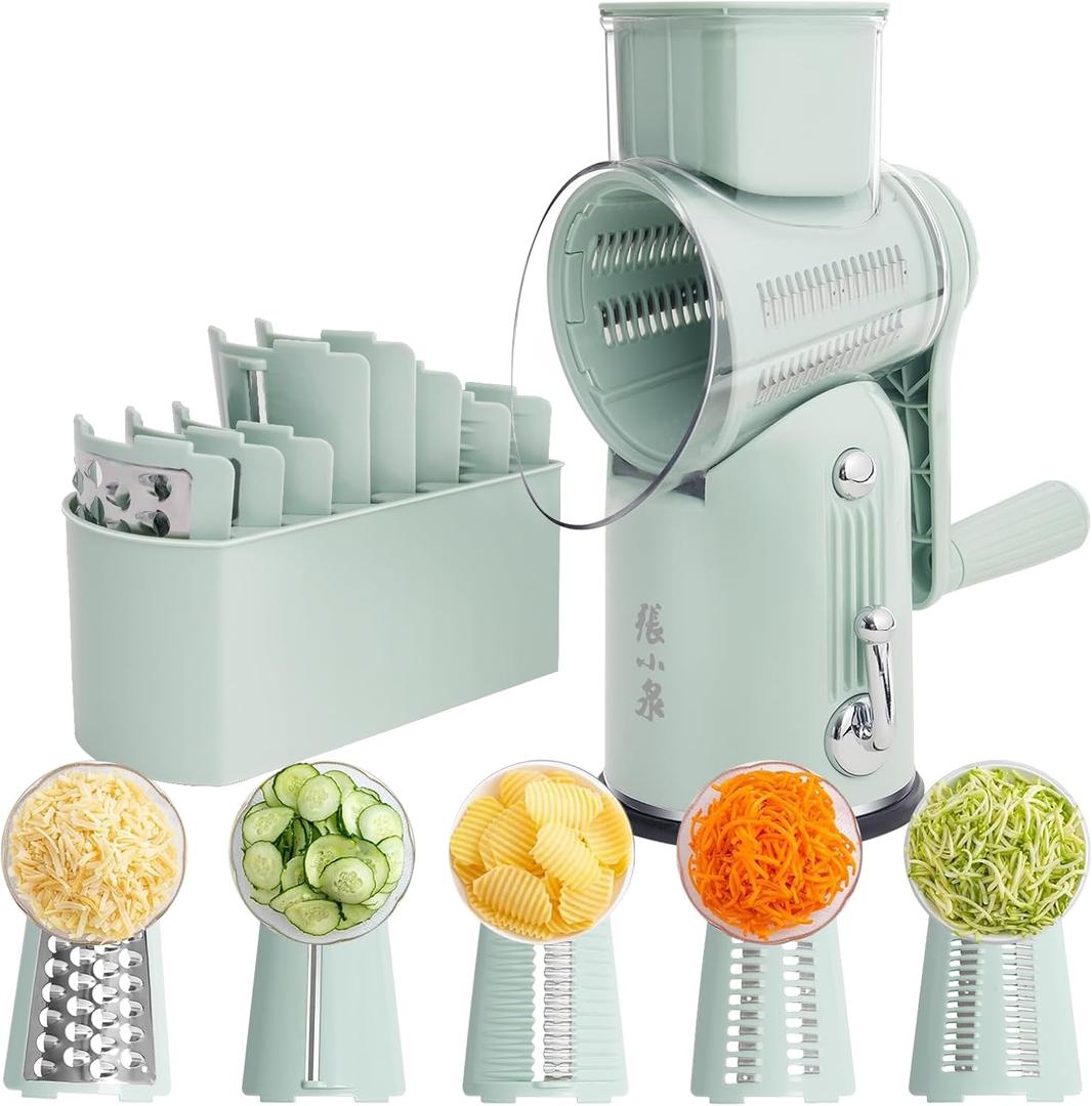 ZHANG XIAO QUAN SINCE 1628 5-in-1 Interchangeable Blades Rotary Cheese Grater Hand Crank, Cheese Shredder Mandoline Vegetable Julienne Slicer Cutter Nut Chopper with Anti-Slip Base, Green