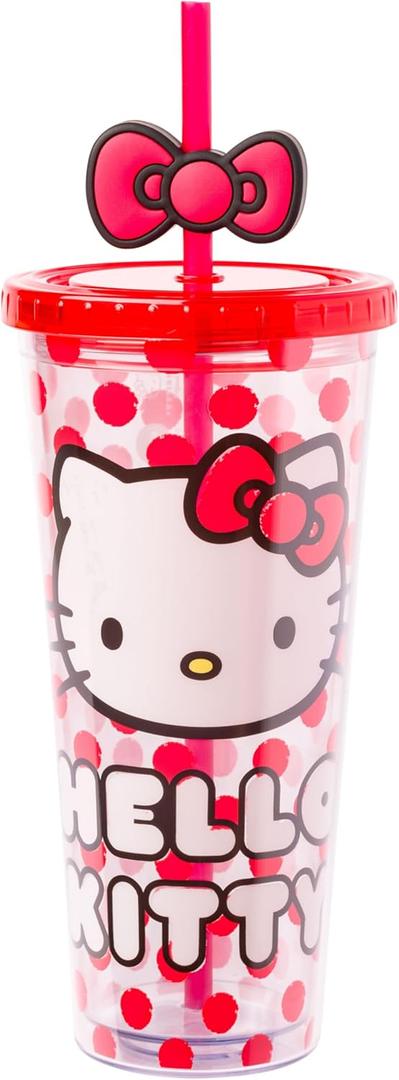 Silver Buffalo Sanrio Hello Kitty Bow Red Polka Dots Plastic Cold Cup with Lid and Straw Topper, 24 Ounces
