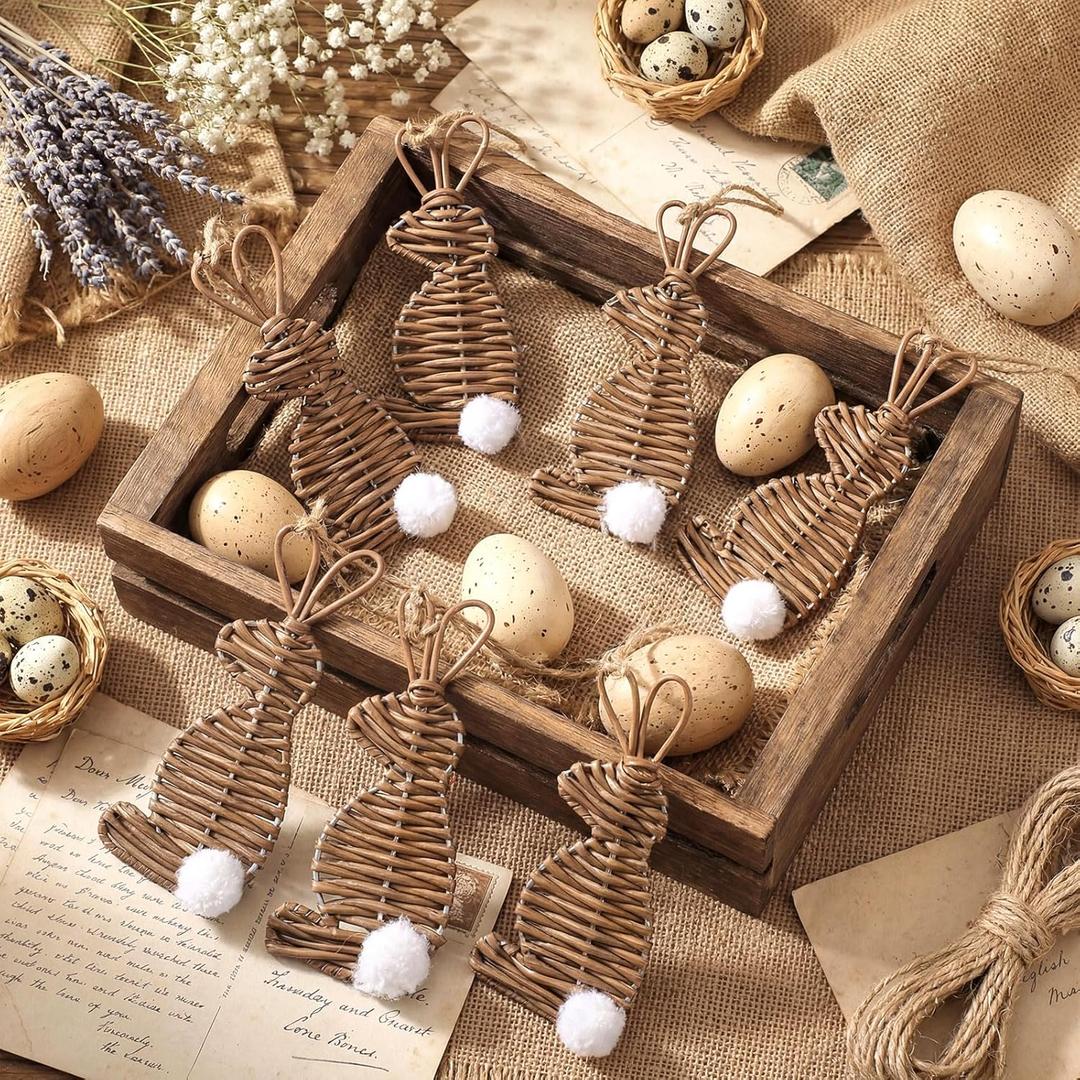 9 Pcs Rattan Easter Bunny Ornaments 4.7 Inch Natural Wicker Rabbit Ornaments with Rope Farmhouse Neutral Spring Ornament Vintage Rustic Woven Easter Decorations for Tree Home Baskets Crafts (Brown, White)