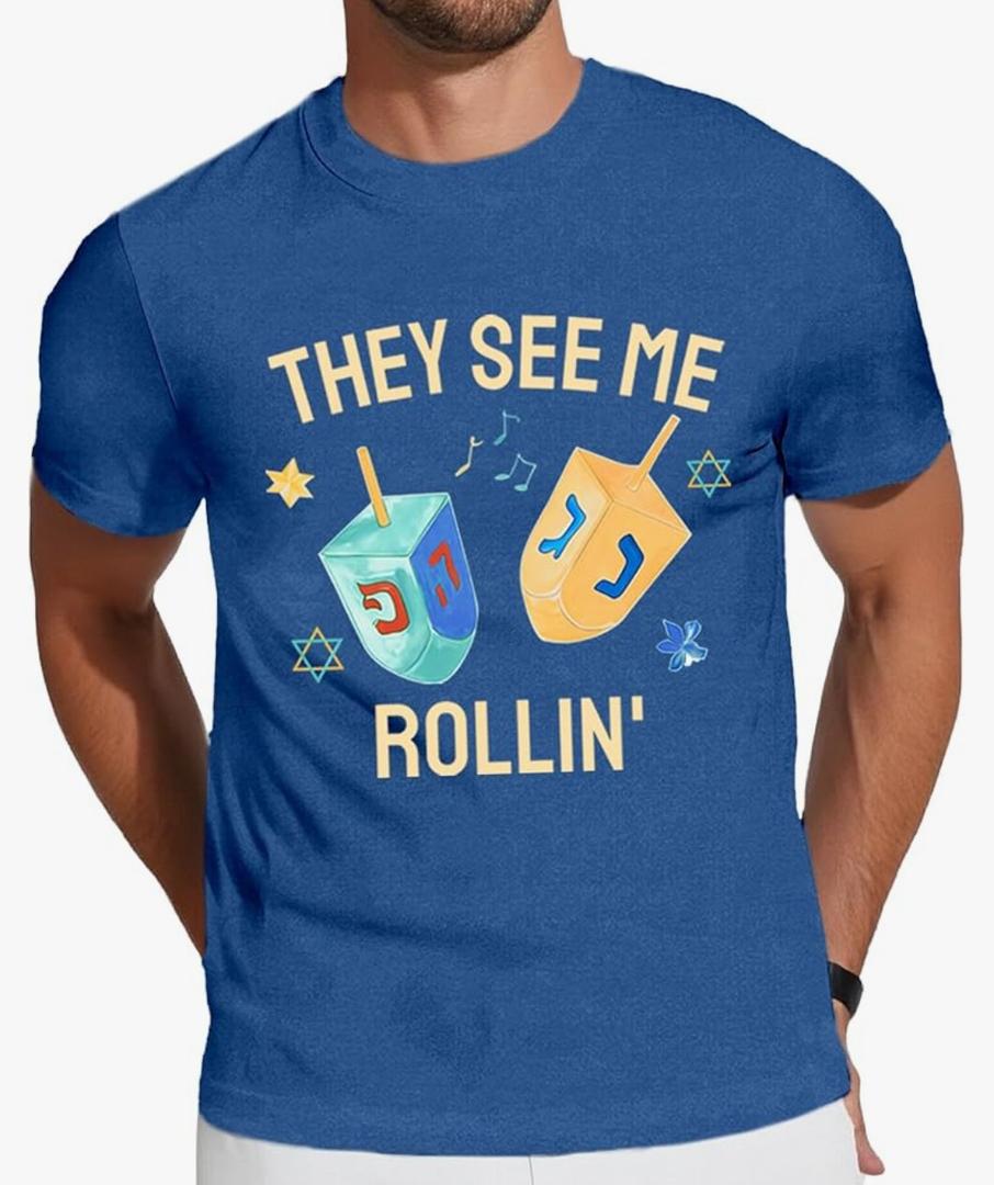 Hanukkah Shirt for Men They See Me Rollin Dreidel T-Shirt Jewish Chanukah Tee Tops, M