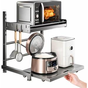 Microwave Stand with Storage Shelf, 2 Tier Kitchen Countertop Organizer Rack, Height Adjustable Pull-Out Microwave Stand, Metal Microwave Shelf with Hooks, Easy Assembly (Dark Gray, 22.4 inches)