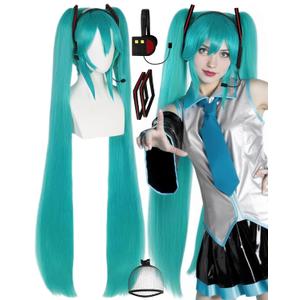 Wig Cap + 4Pcs Long Green Cosplay Wig with Earphone and Hair Accessory Teal Straight Synthetic Anime Wigs with Double Ponytail for Women Costume Green Wigs for Halloween Costume Outfit