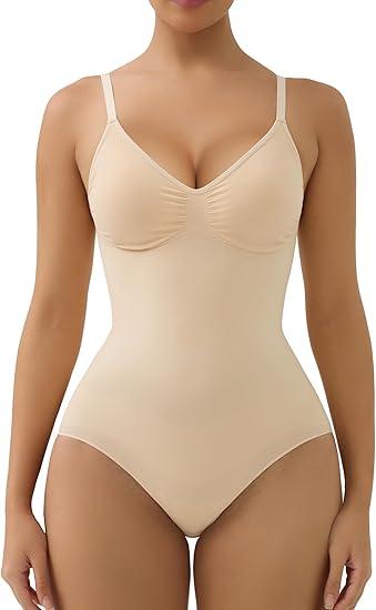 SHAPERX Women's Bra Free Bodysuits Tummy Control Shapewear Mid Thigh Body Shaper with Removable Pads