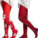 Aaronano 2 Pairs Girls Patterned Red Tights Christmas Holiday Stockings Kids Snowflake Printed Tights for Girls 4-10t