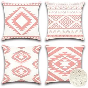 OTOSTAR Outdoor Waterproof Throw Pillow Covers 18x18 Inch Set of 4 Boho Farmhouse Outdoor Cushion Covers for Patio Funiture Garden（Geometry80-Pink）