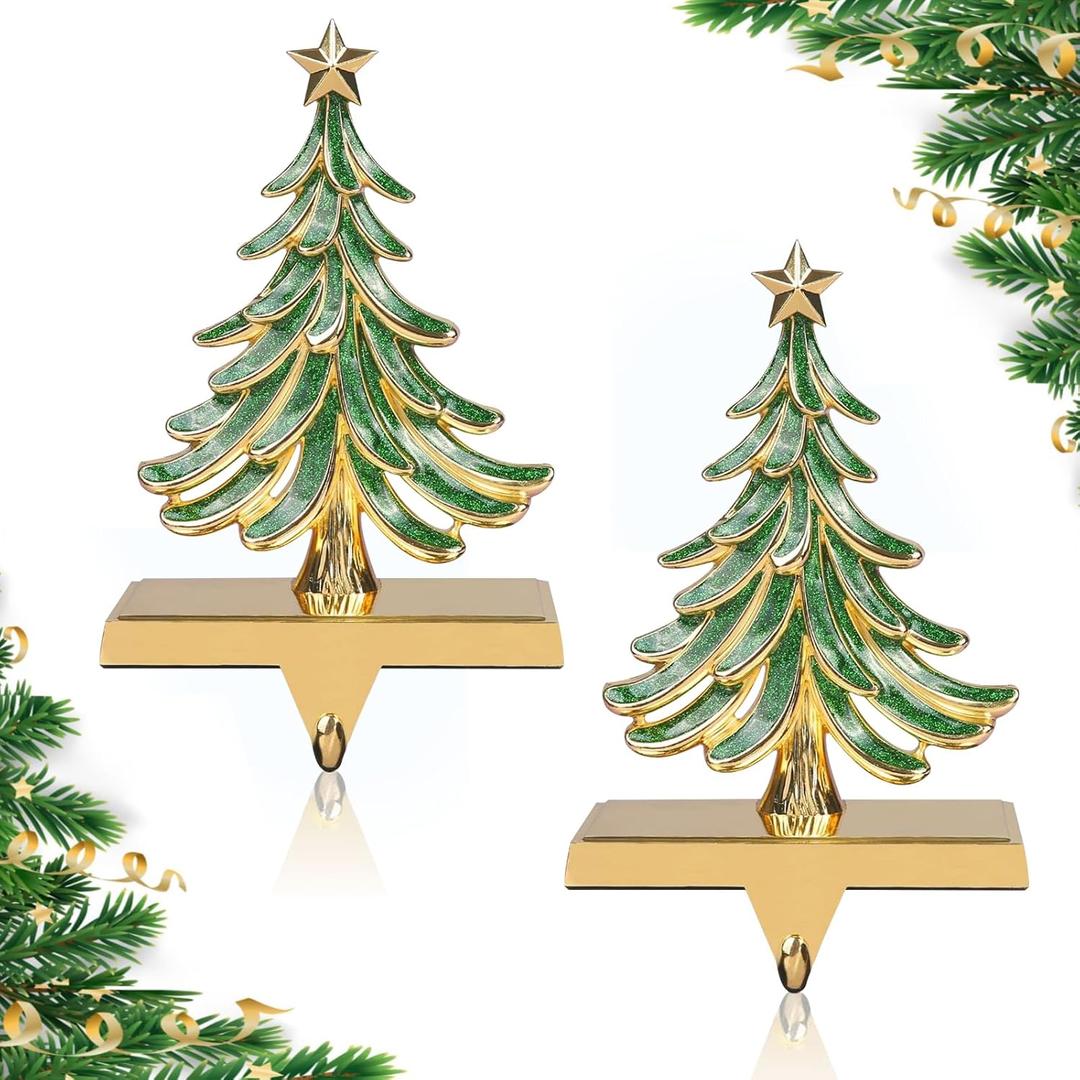 JUSTOTRY 2PC Christmas Stocking Holders for Mantle Glitter Green Xmas Tree Gold Stocking Holder for Fireplace Home Decor Holiday Gifts Christmas Decorations Supplies Non-Skid Durable and Sturdy