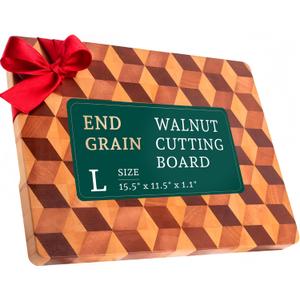 End Grain Wooden Cutting Board for Kitchen 15.5"x 11.5" - Walnut Hardwood Chopping Block with Non Slip Grips - Ideal for Charcuterie & Meat Butcher - Handmade 3D Design Wood (1.1'' Thick, Large)