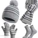 Kids Winter Hat Gloves Scarf Socks Set 4Pcs, Toddler Pom Beanie Warm Knit Scarf Fleece Mittens Socks for Girls Boys Aged 3-8 (Gray)