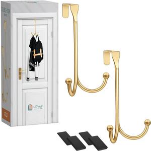 2-Pack Over The Door Hooks - with 2 Hang Heads & Snug Fit Pads Heavy Duty Hook for Hanging Coats, Towels, Caps & Robes - Elegant Matt Finish - No Drill Hanger Organizer - Gold