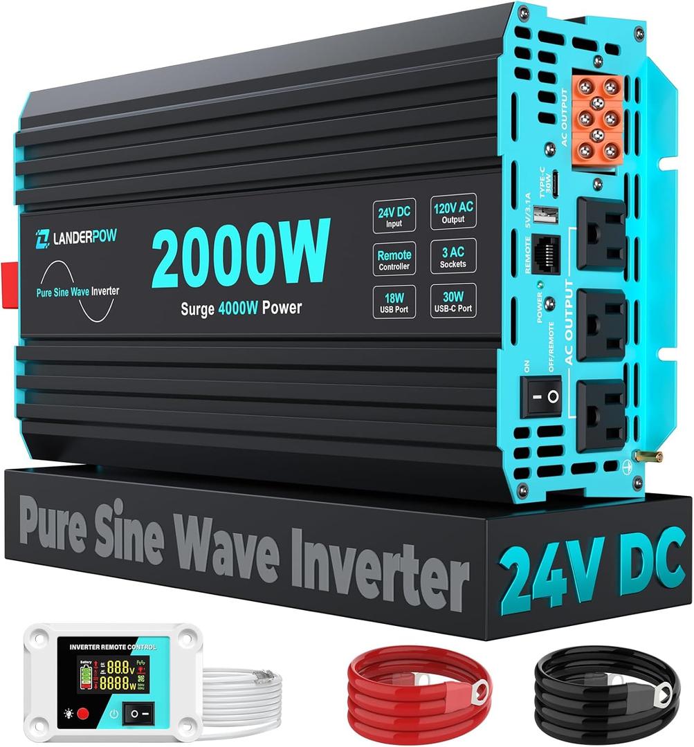 2000 Watt Pure Sine Wave Inverter, 24V DC to 120V AC Inverters for RV, Truck, Solar, Home, Power Inverter with 3 AC Outlet, 30W USB-C, 5V 3.1A USB, Hardwire Port, Remote Control, Surge 4000W
