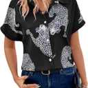 WDIRARA Women's Leopard Print Button Down Blouse Short Sleeve Collared Casual Shirt Top (X-Large, Black White)