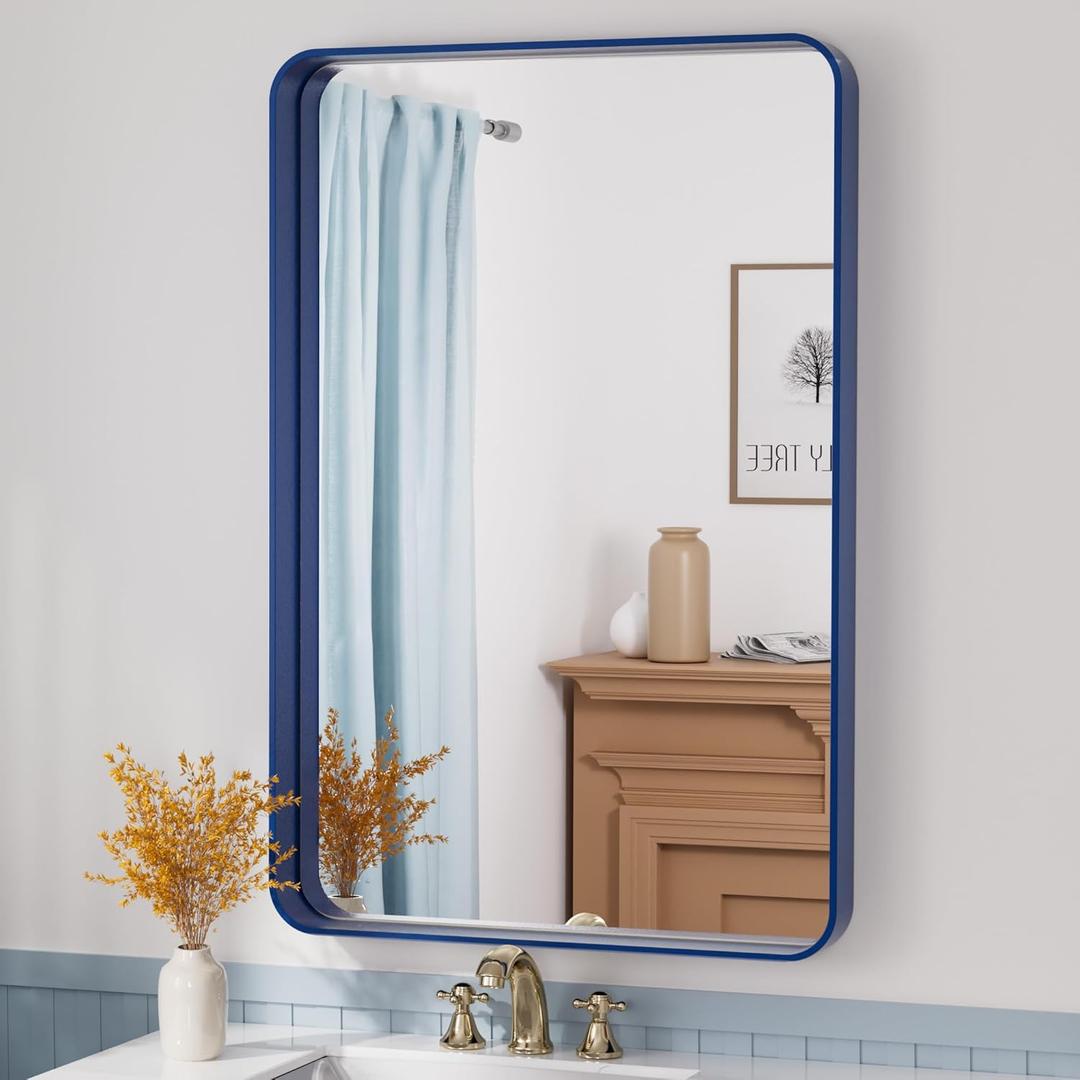 TETOTE Navy Blue Bathroom Mirror 24 x 36 Metal Frame Wall Mounted Rectangle Mirror for Vanity with Sandy Textured Surface(Horizontal/Vertical) (36"L x 24"W)
