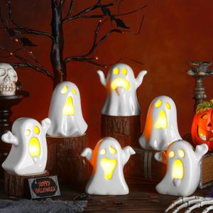 Wesiti 6 Pcs Ceramic Ghost Light up Halloween Decorations Indoor Small White Ghost Figurines Gothic Home Decor Spooky Statue Gift for Desk Tabletop Centerpieces Party Props
