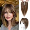 REECHO Hair Toppers for Women Real Human Hair, Seamless Human Hair Toppers with Bangs, 360 3D Cover Clip in Bangs Hair Extensions for Daily Wear, Medium Brown with Highlights