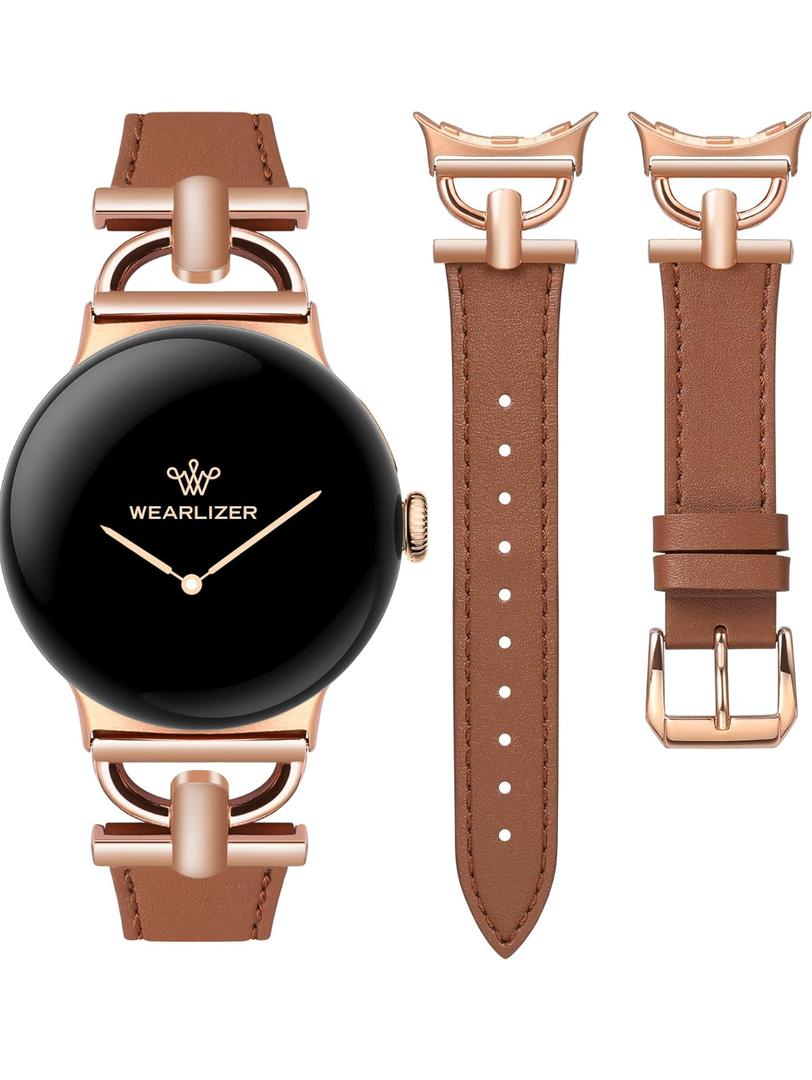 Wearlizer Leather Bands Compatible with Google Pixel Watch 4/3 41mm/Pixel Watch 2/1 Band Women, Dressy Designer Slim Leather Strap with D-Shape Metal Buckle for Pixel Smartwatch Accessories