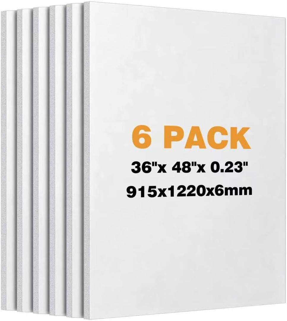 6 Pack 36" x 48" Foam Board,0.23 Inch Thick White Foam Poster Board, Large Acid-Free Foam Core Board, Polystyrene Rigid Foamboard for Backdrop, Display, Mounting, Sign Making