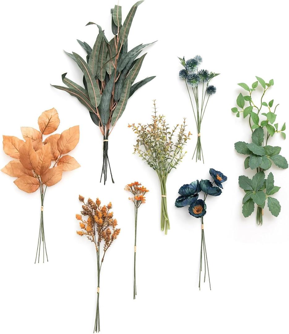 Ling's moment Artificial Greenery Stems Box Set, 41pcs with 8 Kinds of Faux Greenery Picks for DIY Bridal Bouquets Wedding Floral Arrangement Table Centerpieces, Teal & Burnt Orange