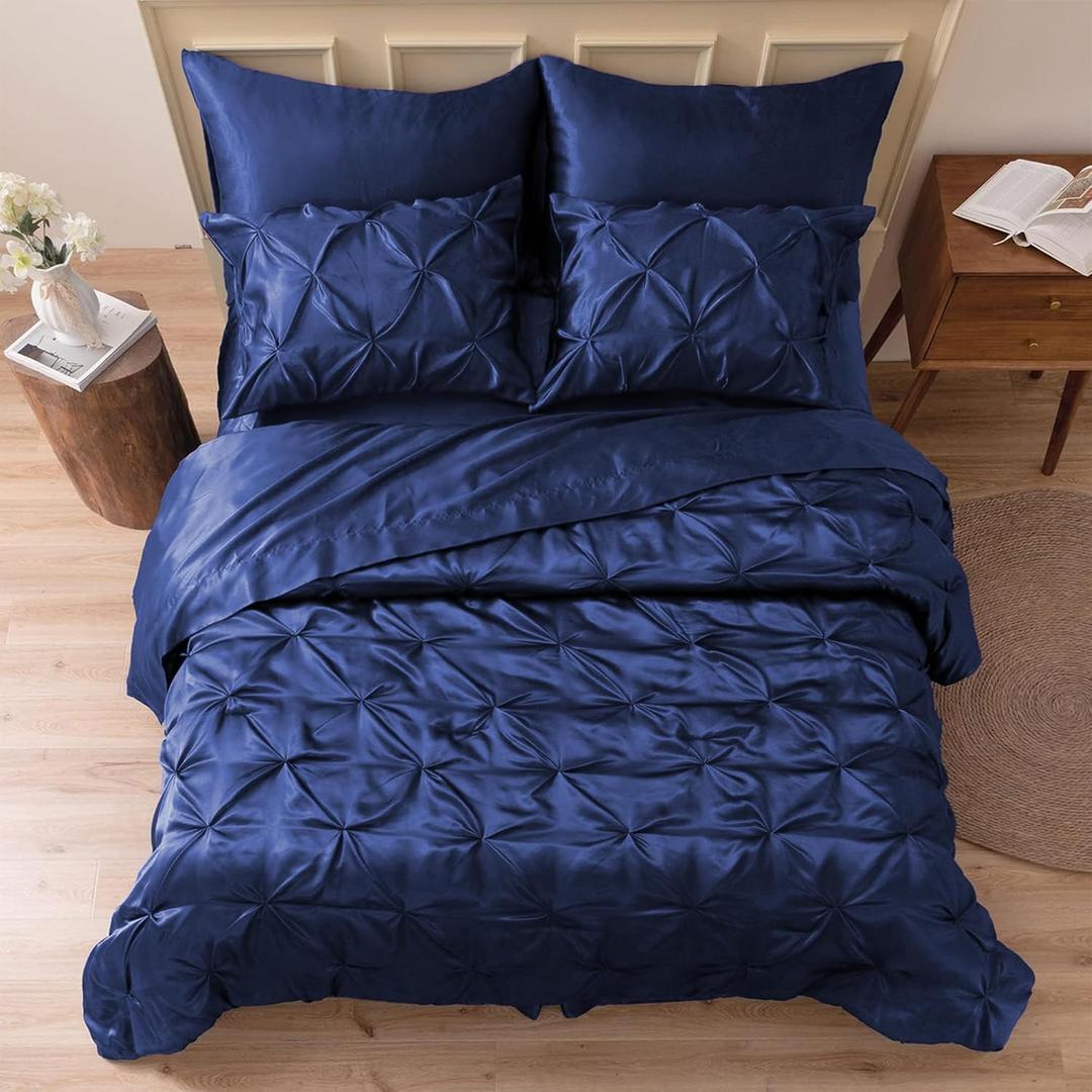MR&HM Satin Comforter Queen 7 Pieces - Luxurious Pinch Pleat Bedding Set with Comforter, Flat Sheet, Fitted Sheet, Pillowcases & Shams, Super Silky Soft Bed Set for All Season (Queen, Navy Blue)
