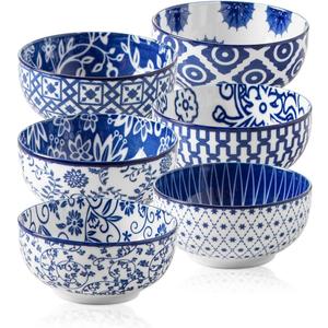 Cerkik Ceramic Dipping Bowls Set - Mini 4 Oz Dessert Bowls - Small 3.5 Inch Porcelain Bowls for Side Dishes, Snack, Yogurt, Appetizer - Microwave Dishwasher Safe - Set of 6 - Vintage Blue