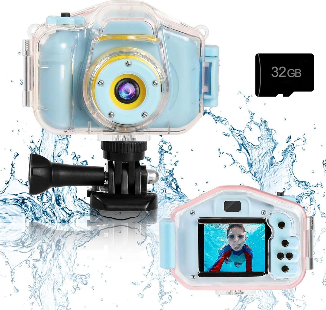 Agoigo Kids Waterproof Camera - Children Underwater HD Video Digital Camcorder, Portable Travel Toy for Toddler - Ideal Christmas Birthday Gifts for Boys Girls Age 3-12 with 32GB Card (Blue)