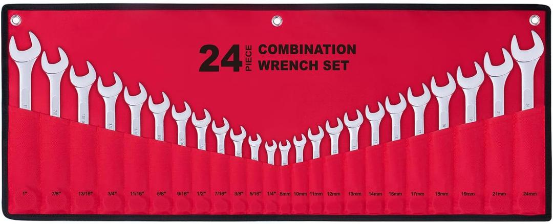 24-Piece All-Purpose Master Combination Wrench Set with Roll-up Pouch | SAE 1/4 to 1, Metric 8mm to 24mm | Perfect for General Household, Garage, Auto Repairs, Car, Truck, Boat, and Travel Emergency