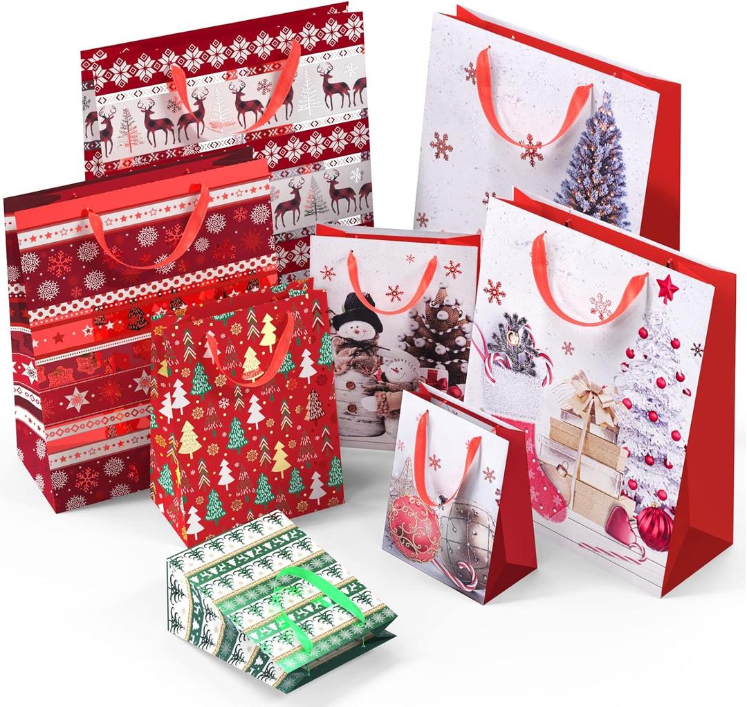 24 PCS Christmas Bags for Wrapping Holiday Gifts,Hot Stamping Foil Festival Bag Bulk Set with Snowman, Reindeer,Christmas Stocking/Cane/Tree, Snowflake, Gin Design - 6 X-Large,6 Large,6 Medium,6 Small (24 Count (Pack of 1))