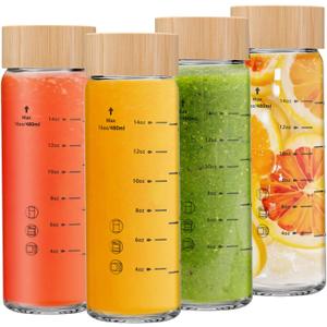 20oz Juice Bottles - 4 Pack Wide Mouth Glass Bottles with Lids- BPA Free, Bamboo Lids for Juicing, Smoothies, Infused Water, Beverage Storage - Leakproof, Borosilicate, Clear