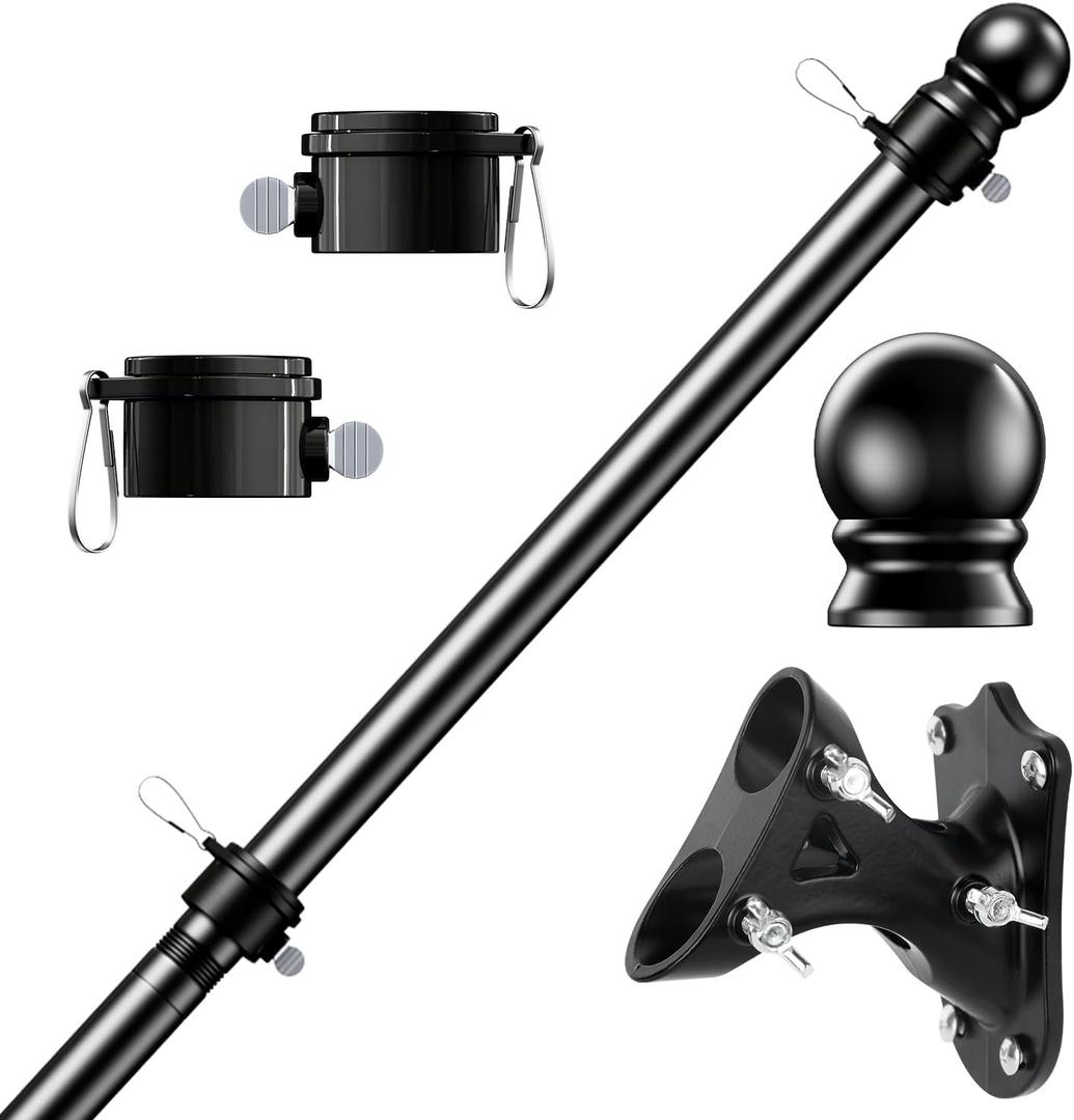 PHITRIC Flag Pole Kit, Tangle Free Spinning Stainless Steel Rustproof Flagpole for 3x5 Sports Fan Outdoor Flags for Outside House (Black, 5FT, with Bracket)