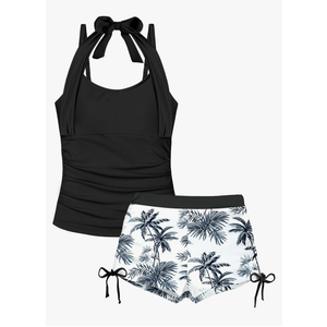 Girls Swimsuit 2 Piece Halterneck Girls Tankini Swimsuit Drawstring Printed Swim Shorts Girl Bathing Suit for 13-14 Y