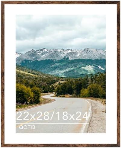 QOTIB Wood 22x28 Picture Frame with 18x24 Mat, Display 18x24 with Mat or 22x28 Without Mat, Wood 22 by 28 Photo Frame, 22 x 28 Frame for Wall Hanging Display, Deep Brown