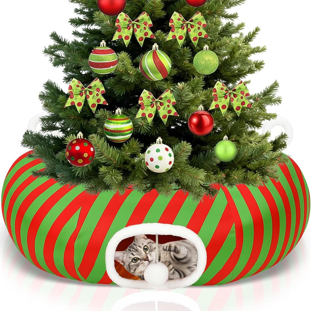 Christmas Cat Bed Tunnel, 3ft x 3ft x 9.8 Around Christmas Tree Cat Donut Tunnels Red Green Striped Mint Color Xmas Pattern with Kitten Gift Hanging Ball Decorations Cave for Xmas Tree Decor