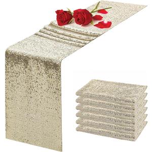 Champagne Sequin Table Runner 12" x 108" Pack of 6 Glitter Table Runner Metallic Sparkle Table Linen Runner for Baby Shower Wedding Birthday Party Event