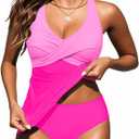 Womens Halter Tankini Swimsuit - Tummy Control Bathing Suit Two Piece Swimsuit V Neck Swimwear 2025 (Large, Pink)