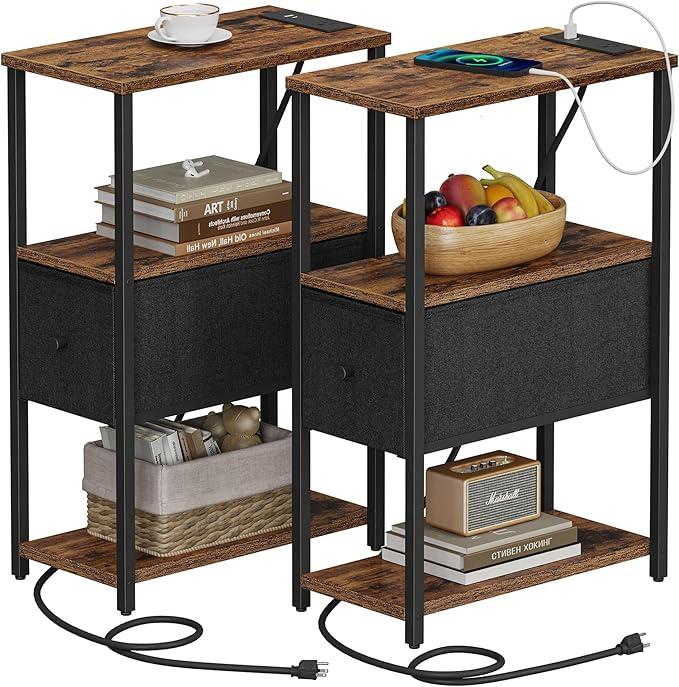 TUTOTAK Small Narrow End Table with Charging Station, Set of 2, Side Table with Outlets, Nightstand with Cloth Drawer, Couch Table, for Living Room, Bedroom, Bedside, Brown and Black TB01BB058K