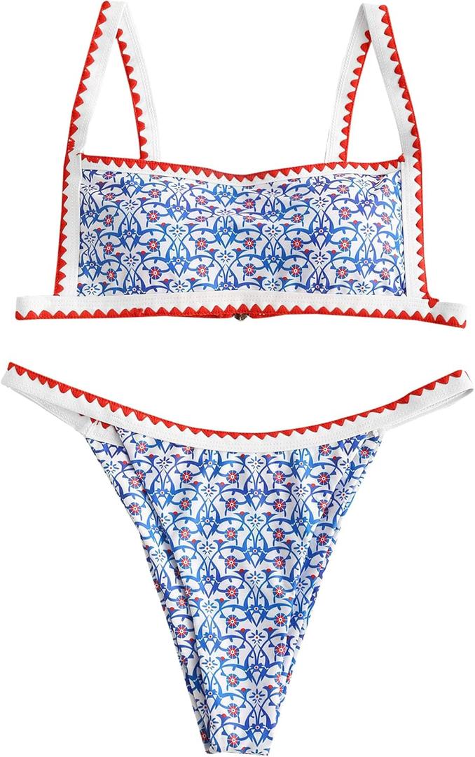 ZAFUL Women's Bohemian Swimsuit Strappy Tie Side Bikini Set Triangle Cheeky String Brazilian Swimwear (Medium, Light Blue)