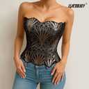 LEACOOLKEY Lacework Corset Top for Women Sexy Textured Sheer Floral Lace Bustier Going Out Lace-up Corset Overbust Top (Black, XL)