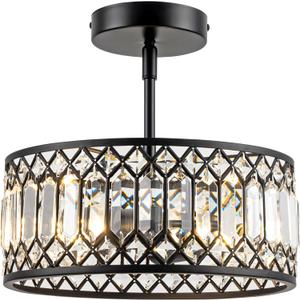 3-Light Crystal Ceiling Light, Modern Semi Flush Mount Light Fixture, Black Crystal Chandelier for Kitchen Bedroom Bathroom Entryway Hallway