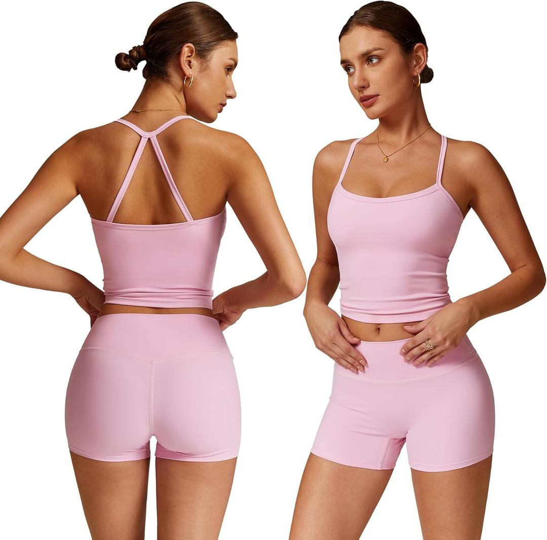 Women 2 Piece Workout Sets (2025 NEW) Yoga Outfit Open Back Tank Top High Waisted Shorts Gym Sets Tracksuits (Large, Pink)