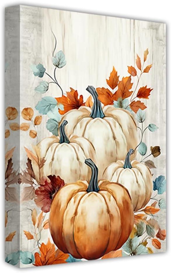 ZHOUWALLPIC Pumpkin Canvas Wall Art Farm Fall Leaves Paintings Autumn Harvest Picture Prints Bedroom Decor Framed Ready to Hang(Autumn-1,16.00" x 24.00")