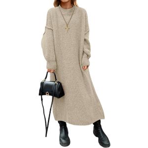 Saodimallsu Womens Oversized Sweater Dress Mock Neck Long Sleeve Casual Warm Chunky Knit Fall Winter Maxi Dresses (Khaki) XL