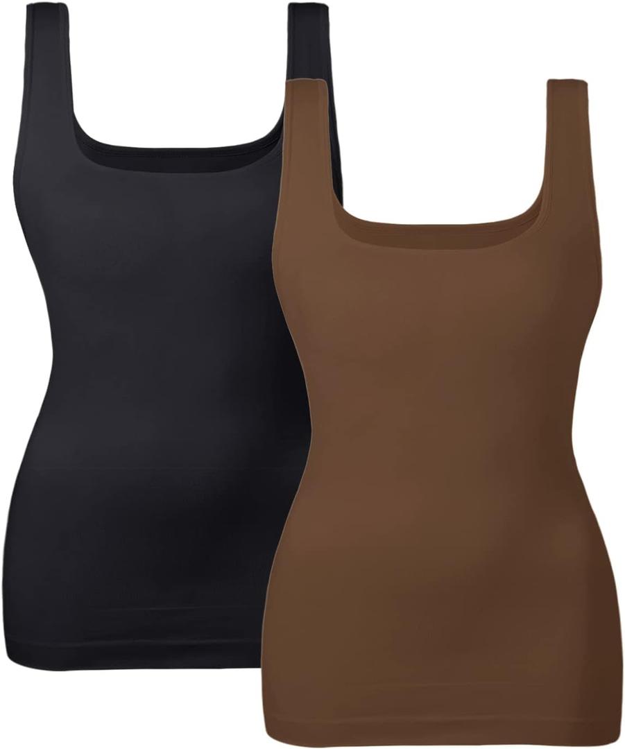 EUYZOU Women's Tummy Control Shapewear Tank Tops Seamless Square Neck Compression Tops Slimming Body Shaper Camisole (Large, Black/Coffee 2pk)