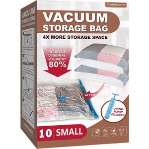 Roomimaster Vacuum Storage Bags, Vacuum Seal Space Saver Bags for Clothing, Travel Lugggage, Carry-on, Blankets, Comforters,Pillow, Bedding, 10 Small