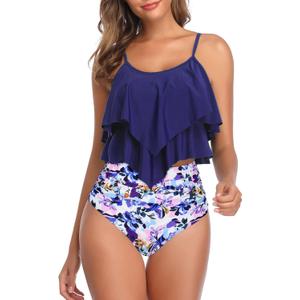 American Trends High Waisted Tankini Swimsuits for Women Flounce Top Tummy Control Bathing Suits (10-12, 19 Navy-purple Floral)