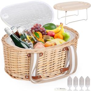 Picnic Basket Set for 4 - Wicker Insulated Picnic Basket with Folding Wine Table, Wine Picnic Kit with Liner for Couples, Camping, Outdoor, Valentine (WhiteFlower)