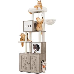 Feandrea Cat Tree with Litter Box Enclosure, 70.1-Inch Tall Cat Tower, 2-in-1 Modern Condo with Scratching Posts, Perch, Caves, Basket, Washable Cushion, Heather Greige UPCT116G01