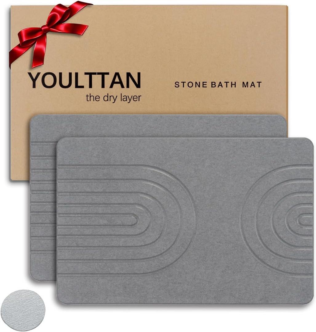 Home Bath Stone Mat 24"x16" (2-Pack) Quick-Dry, Non-Slip Diatomaceous Earth Mat, Stylish & Absorbent, Gray Semicircle